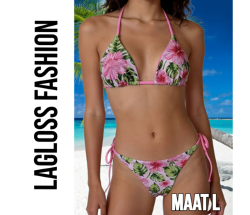 LaGloss 2-delig Dames Roze Bloemen Bikini Set – Tropische Hibiscus Print – Maat L