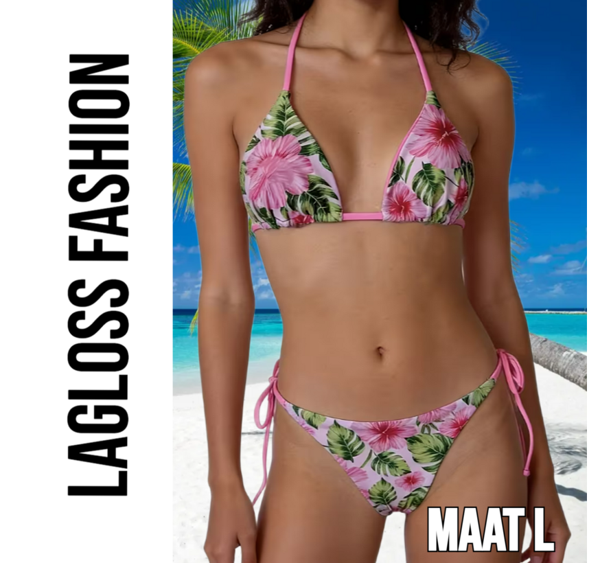 LaGloss® 2-delig Dames Roze Bloemen Bikini Set – Tropische Hibiscus Print Halter Bikini met Strikbroekje – Zomer mode – Beach Fashion – Maat L