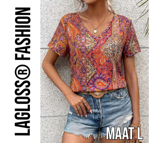 LaGloss LaGloss® Paisley Dames Blouse Oranje Rood – V-Hals – Korte Mouw – Bohemian Zomertop – Maat L