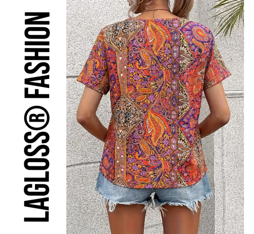 LaGloss® Paisley Dames Blouse Oranje Rood – V-Hals – Korte Mouw – Bohemian Zomertop – Maat L