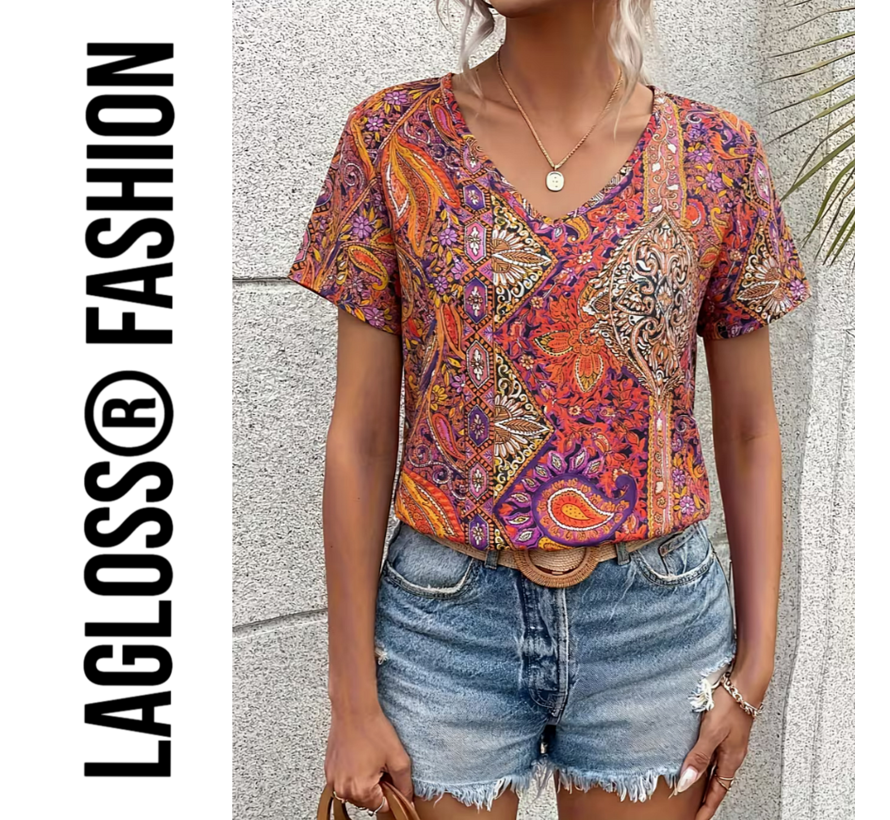 LaGloss® Paisley Dames Blouse Oranje Rood – V-Hals – Korte Mouw – Bohemian Zomertop – Maat L