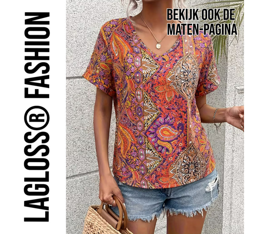 LaGloss® Paisley Dames Blouse Oranje Rood – V-Hals – Korte Mouw – Bohemian Zomertop – Maat XL