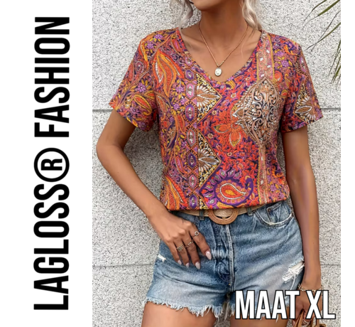 LaGloss LaGloss® Paisley Dames Blouse Oranje Rood – V-Hals – Korte Mouw – Bohemian Zomertop – Maat XL