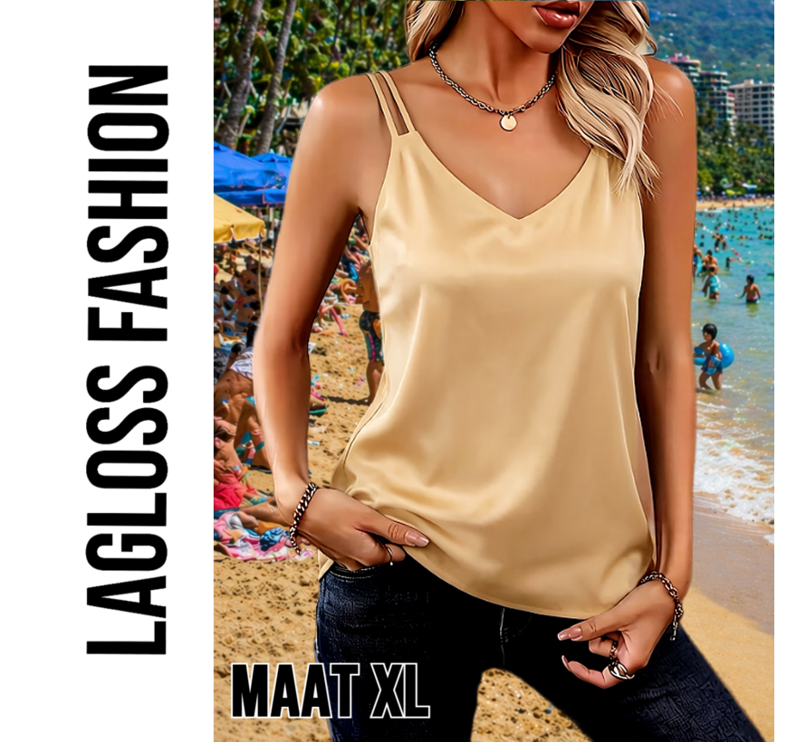 LaGloss® Satijnlook Camisole Top Champagne Beige – Elegante Mouwloze Top met V-Hals – Maat XL