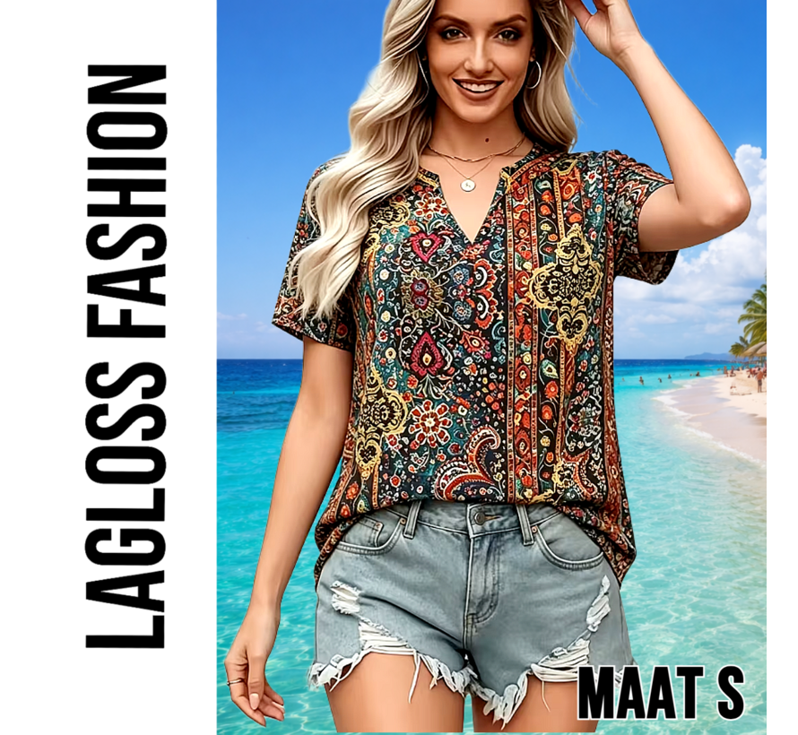 LaGloss® Elegante Paisley Blouse Dames – Bohemian Zomertop met V-Hals – Retro Print – Korte Mouw – Maat S