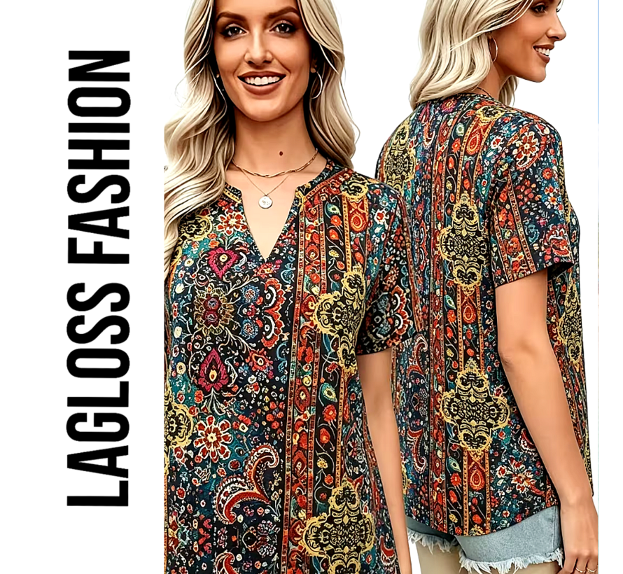 LaGloss® Elegante Paisley Blouse Dames – Bohemian Zomertop met V-Hals – Retro Print – Korte Mouw – Maat L