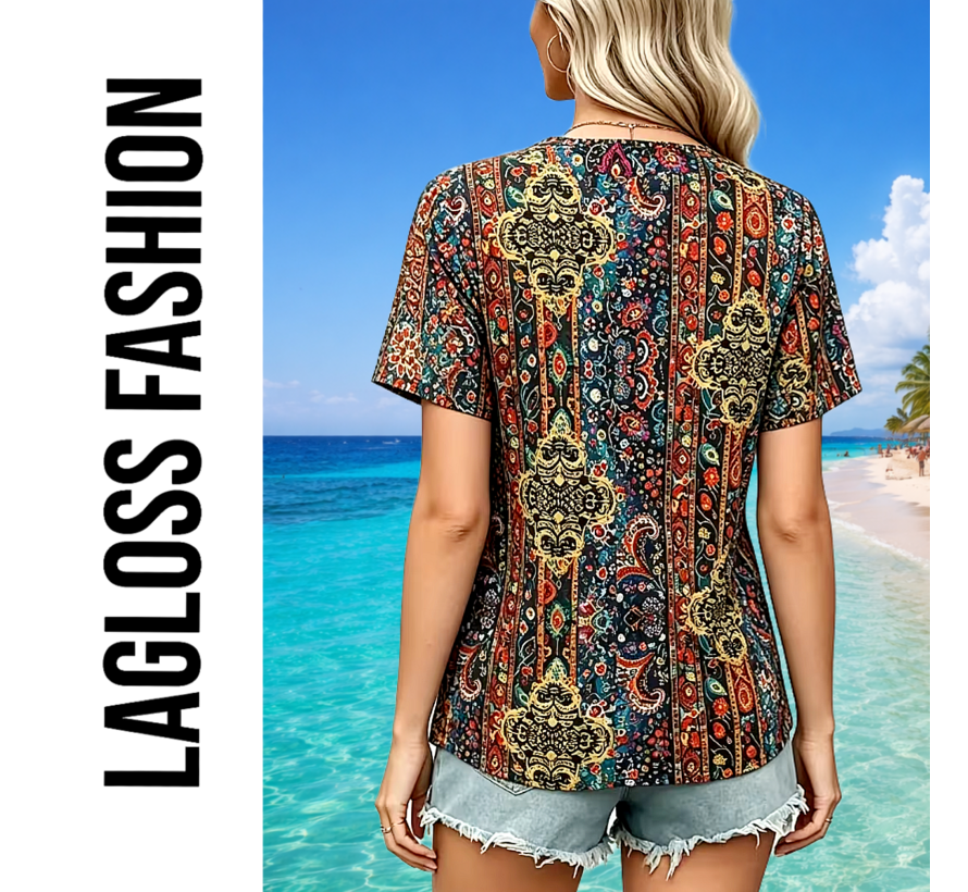 LaGloss® Elegante Paisley Blouse Dames – Bohemian Zomertop met V-Hals – Retro Print – Korte Mouw – Maat XL