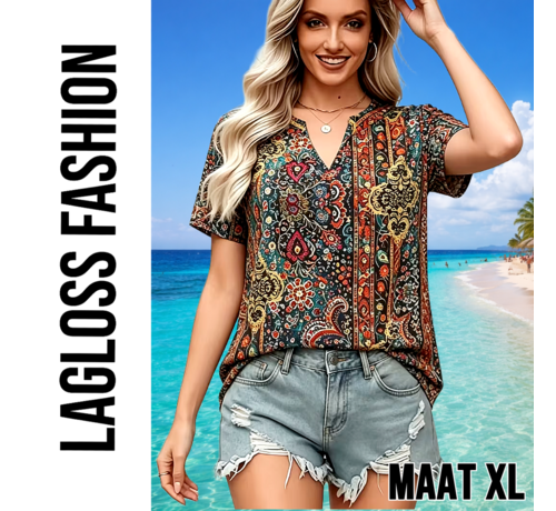 LaGloss LaGloss® Elegante Paisley Blouse Dames – Bohemian Zomertop met V-Hals – Retro Print – Korte Mouw – Maat XL