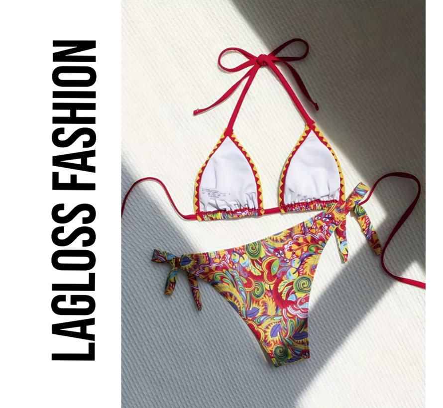 LaGloss® 2-delig Retro Dames Bikini Rood – Halter Bikini met Retroprint en Striksluiting – Beach Fashion – Strandmode – Maat S