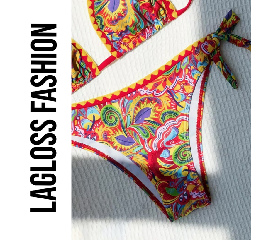 LaGloss® 2-delig Retro Dames Bikini Rood – Halter Bikini met Retroprint en Striksluiting – Beach Fashion – Strandmode – Maat M