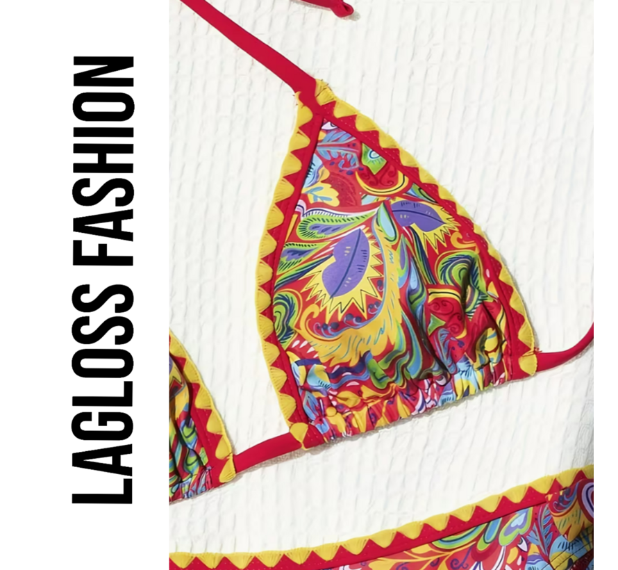 LaGloss® 2-delig Retro Dames Bikini Rood – Halter Bikini met Retroprint en Striksluiting – Beach Fashion – Strandmode – Maat M