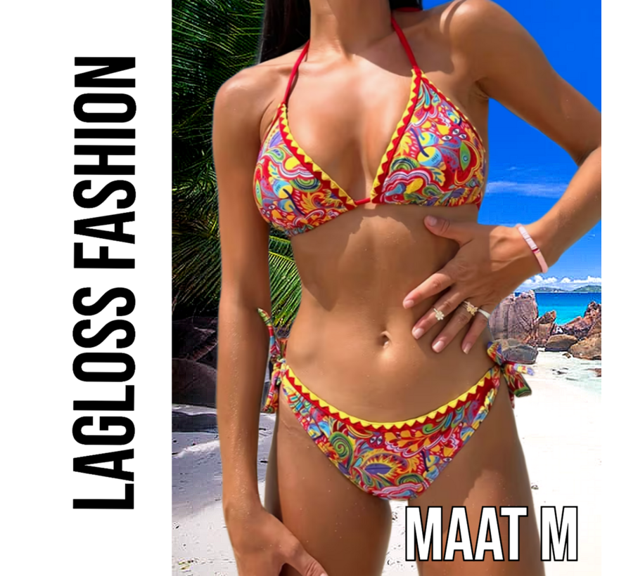LaGloss® 2-delig Retro Dames Bikini Rood – Halter Bikini met Retroprint en Striksluiting – Beach Fashion – Strandmode – Maat M
