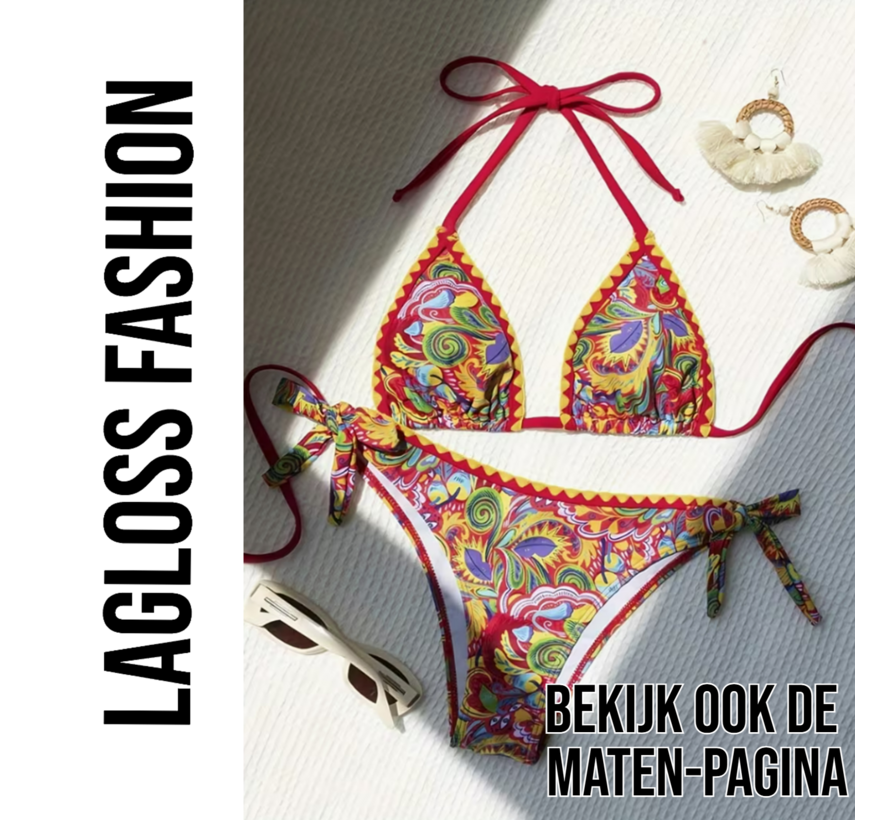 LaGloss® 2-delig Retro Dames Bikini Rood – Halter Bikini met Retroprint en Striksluiting – Beach Fashion – Strandmode – Maat XL