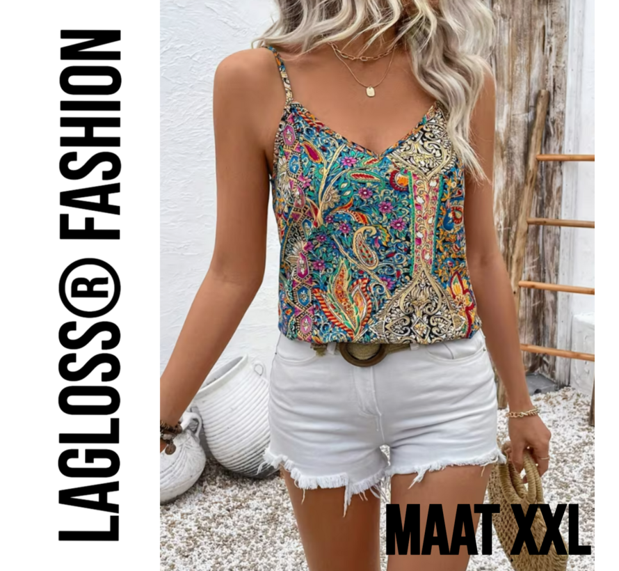 LaGloss® Paisley Top Dames Mouwloos – Tanktop Bohemian Zomertop met V-Hals – Luchtig & Elegant – Maat XXL