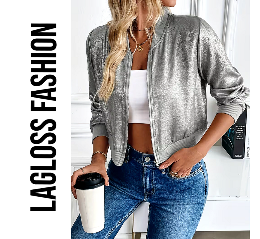 LaGloss® Dames Lichtgewicht Zilvergrijs Folie Honkbal Jasje – Elegante Zip-Up Jas met Lange Mouwen – Modieuze en Stijlvolle Metallic Look, Comfortabele Pasvorm - Maat S