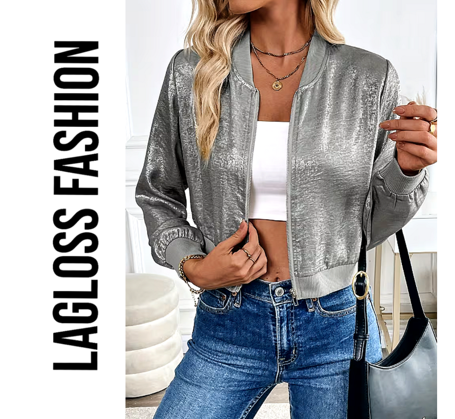 LaGloss® Dames Lichtgewicht Zilvergrijs Folie Honkbal Jasje – Elegante Zip-Up Jas met Lange Mouwen – Modieuze en Stijlvolle Metallic Look, Comfortabele Pasvorm - Maat S
