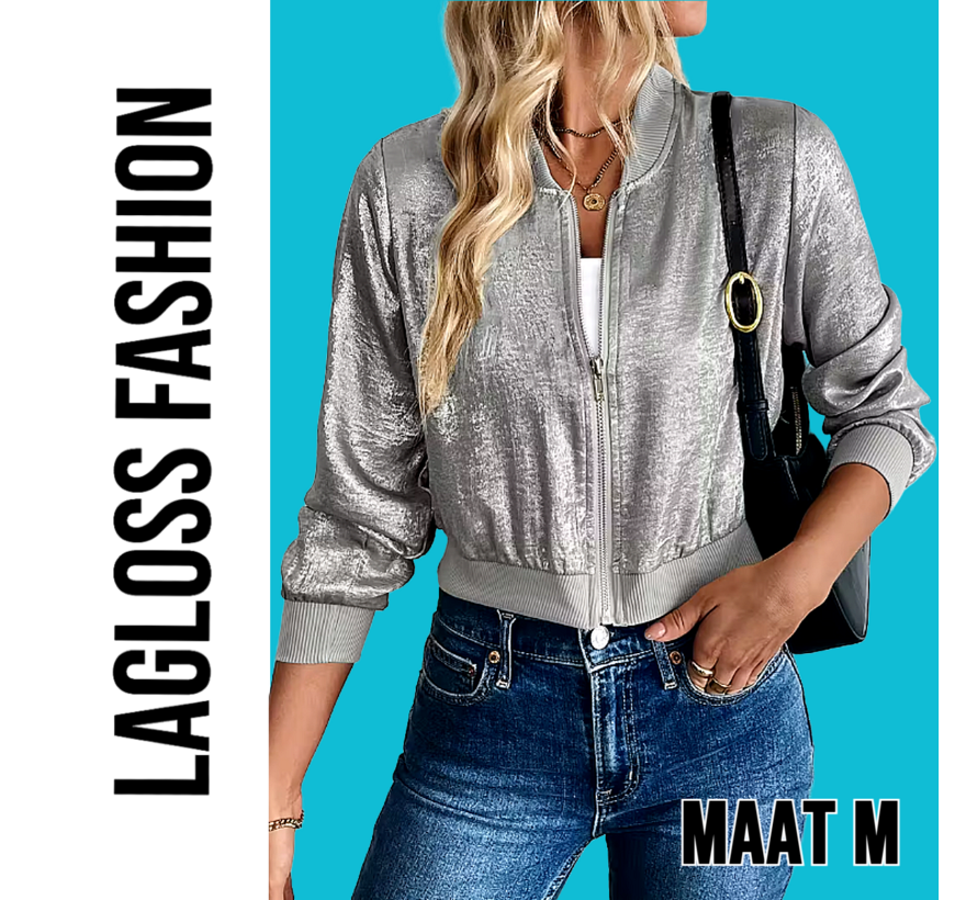 LaGloss® Dames Lichtgewicht Zilvergrijs Folie Honkbal Jasje – Elegante Zip-Up Jas met Lange Mouwen – Modieuze en Stijlvolle Metallic Look, Comfortabele Pasvorm - Maat M