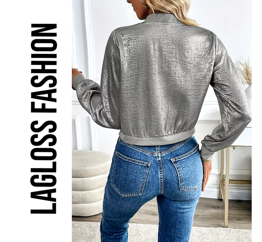 LaGloss® Dames Lichtgewicht Zilvergrijs Folie Honkbal Jasje – Elegante Zip-Up Jas met Lange Mouwen – Modieuze en Stijlvolle Metallic Look, Comfortabele Pasvorm - Maat L