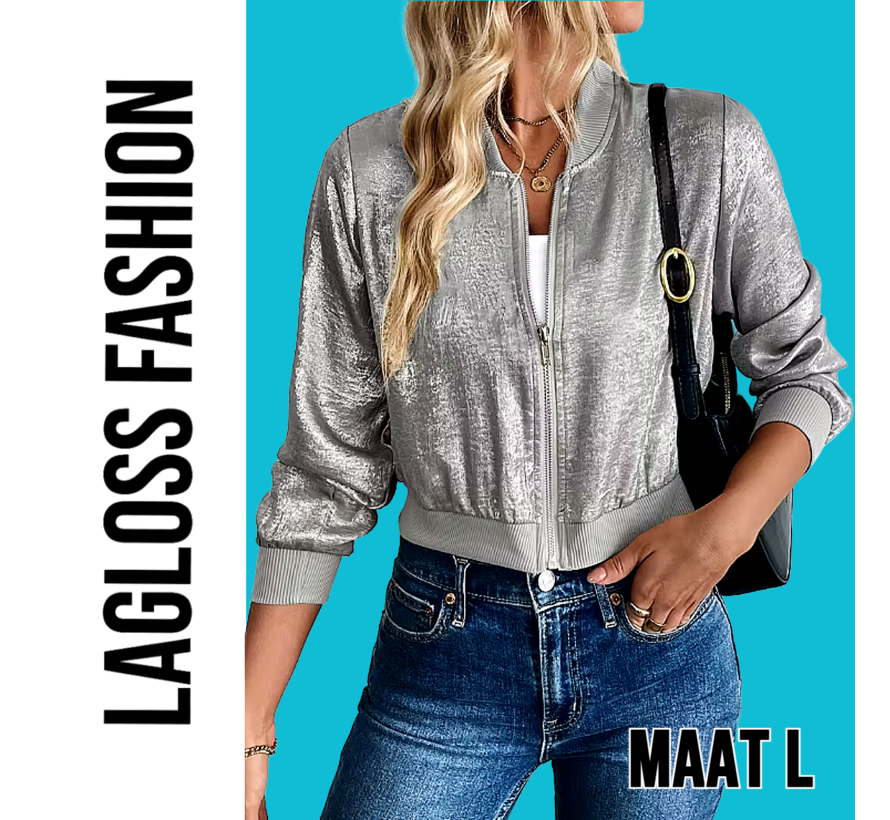 LaGloss® Dames Lichtgewicht Zilvergrijs Folie Honkbal Jasje – Elegante Zip-Up Jas met Lange Mouwen – Modieuze en Stijlvolle Metallic Look, Comfortabele Pasvorm - Maat L