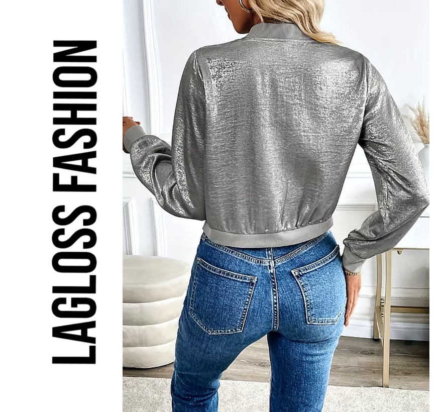 LaGloss® Dames Lichtgewicht Zilvergrijs Folie Honkbal Jasje – Elegante Zip-Up Jas met Lange Mouwen – Modieuze en Stijlvolle Metallic Look, Comfortabele Pasvorm - Maat XL