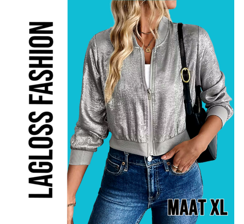 LaGloss LaGloss® Dames Lichtgewicht Zilvergrijs Folie Honkbal Jasje – Elegante Zip-Up Jas met Lange Mouwen – Modieuze en Stijlvolle Metallic Look, Comfortabele Pasvorm - Maat XL