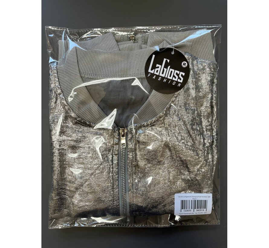LaGloss® Dames Lichtgewicht Zilvergrijs Folie Honkbal Jasje – Elegante Zip-Up Jas met Lange Mouwen – Modieuze en Stijlvolle Metallic Look, Comfortabele Pasvorm - Maat L