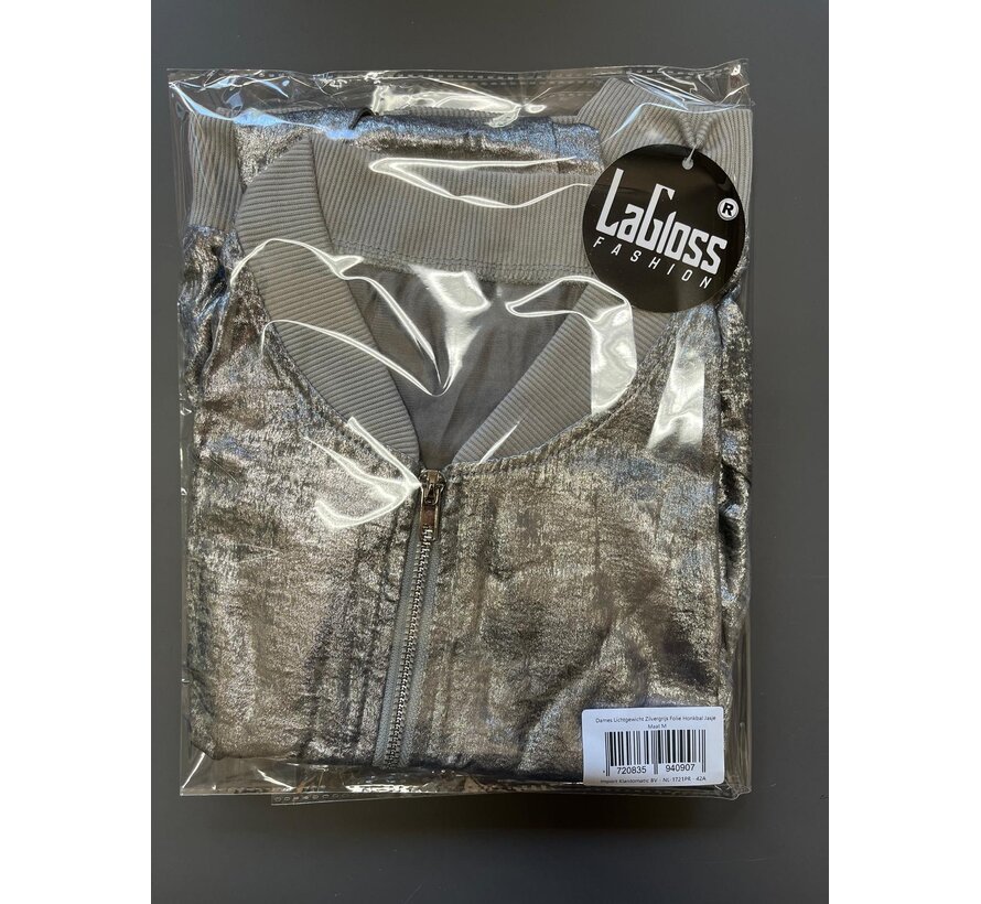 LaGloss® Dames Lichtgewicht Zilvergrijs Folie Honkbal Jasje – Elegante Zip-Up Jas met Lange Mouwen – Modieuze en Stijlvolle Metallic Look, Comfortabele Pasvorm - Maat M