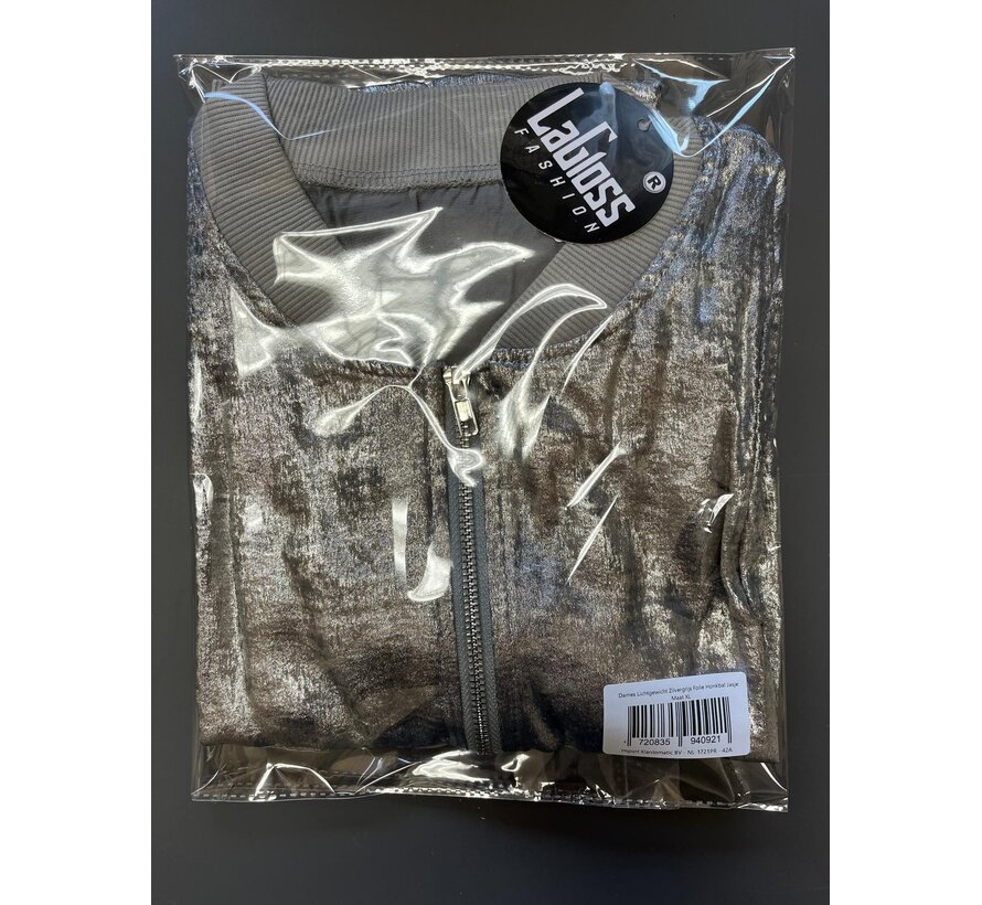 LaGloss® Dames Lichtgewicht Zilvergrijs Folie Honkbal Jasje – Elegante Zip-Up Jas met Lange Mouwen – Modieuze en Stijlvolle Metallic Look, Comfortabele Pasvorm - Maat XL