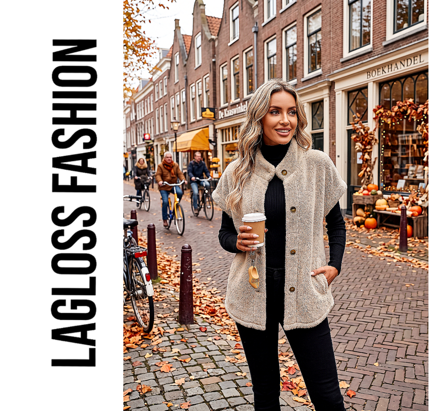 LaGloss® Elegante Teddybeer Vest – Korte Mouwen Blazer met Enkele Knoopsluiting – Khaki H-Lijn Silhouet – Herfst/Winter Casual Buitenkleding – Maat L