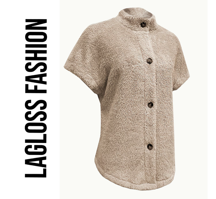LaGloss® Elegante Teddybeer Vest – Korte Mouwen Blazer met Enkele Knoopsluiting – Khaki H-Lijn Silhouet – Herfst/Winter Casual Buitenkleding – Maat M