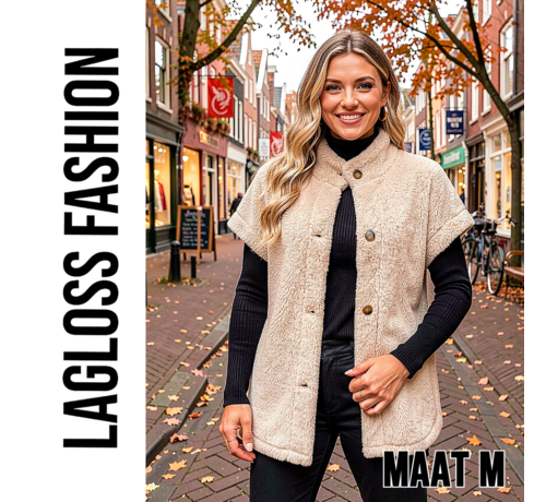 LaGloss LaGloss® Elegante Teddybeer Vest – Korte Mouwen Blazer met Enkele Knoopsluiting – Khaki H-Lijn Silhouet – Herfst/Winter Casual Buitenkleding – Maat M