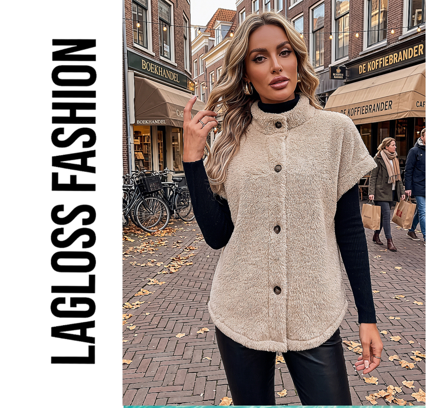 LaGloss® Elegante Teddybeer Vest – Korte Mouwen Blazer met Enkele Knoopsluiting – Khaki H-Lijn Silhouet – Herfst/Winter Casual Buitenkleding – Maat S