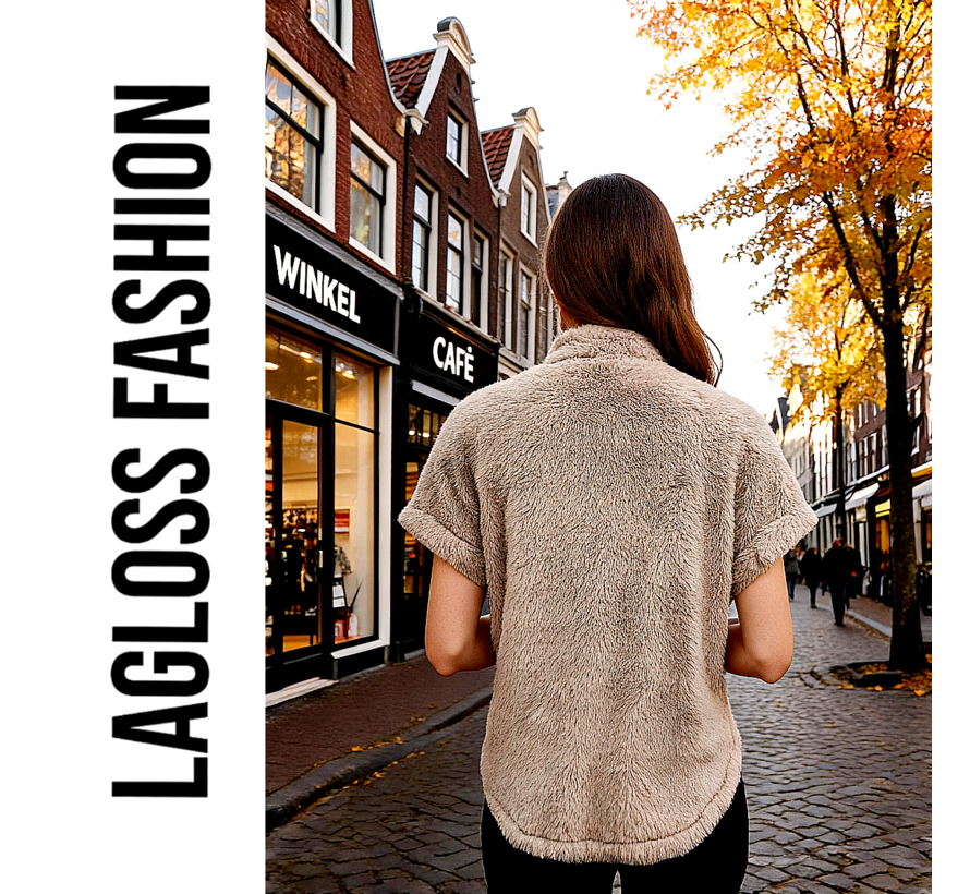 LaGloss® Elegante Teddybeer Vest – Korte Mouwen Blazer met Enkele Knoopsluiting – Khaki H-Lijn Silhouet – Herfst/Winter Casual Buitenkleding – Maat S