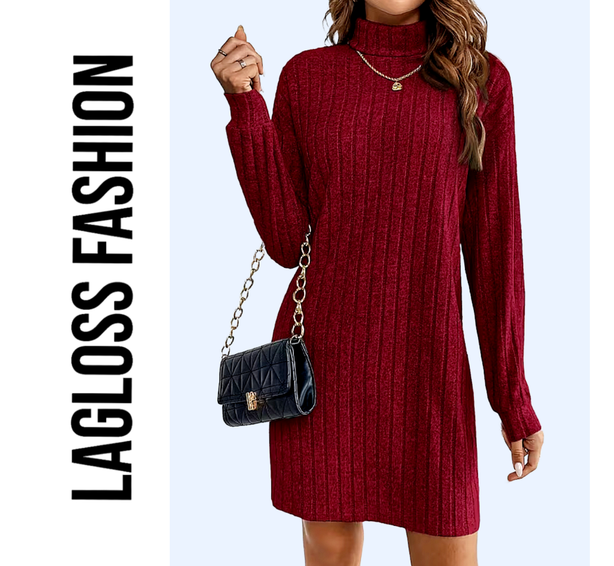 LaGloss® Elegante Bordeaux Jurk met Kraag en Lange Mouwen – Franse Stijl Dames Jurk voor Herfst & Lente - Maat S