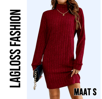 LaGloss Elegante Bordeaux Jurk met Kraag en Lange Mouwen – Maat S
