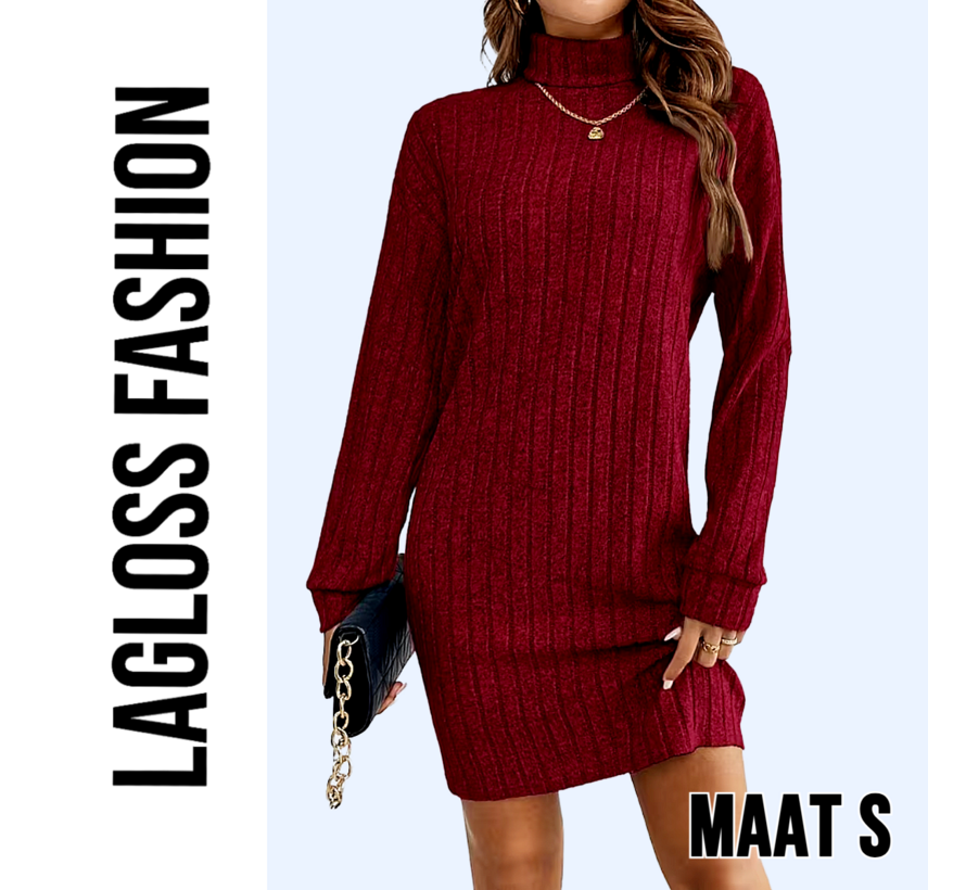 LaGloss® Elegante Bordeaux Jurk met Kraag en Lange Mouwen – Franse Stijl Dames Jurk voor Herfst & Lente - Maat S