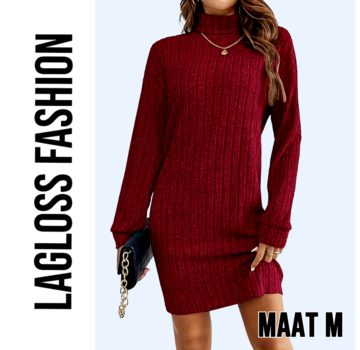 LaGloss Elegante Bordeaux Jurk met Kraag en Lange Mouwen – Maat M