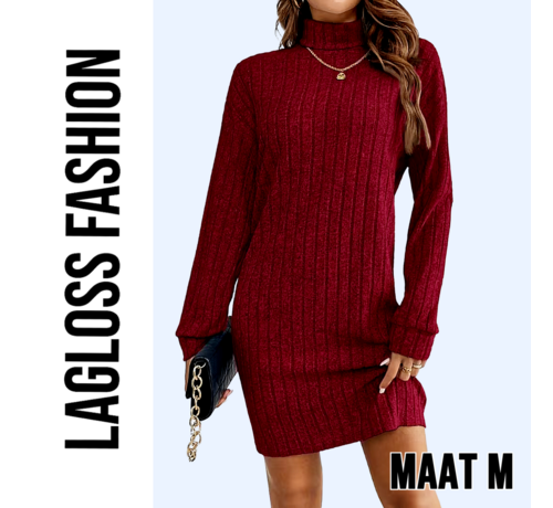 LaGloss LaGloss® Elegante Bordeaux Jurk met Kraag en Lange Mouwen – Franse Stijl Dames Jurk voor Herfst & Lente - Maat M