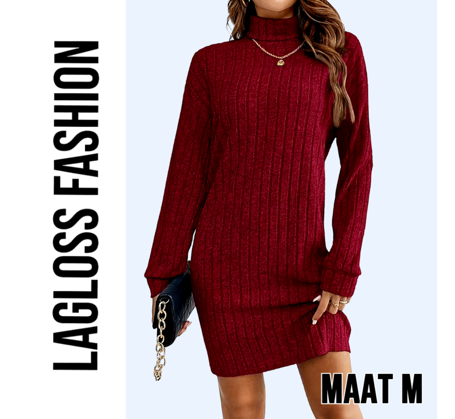 LaGloss® Elegante Bordeaux Jurk met Kraag en Lange Mouwen – Franse Stijl Dames Jurk voor Herfst & Lente - Maat M