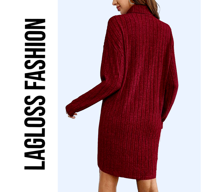 LaGloss® Elegante Bordeaux Jurk met Kraag en Lange Mouwen – Franse Stijl Dames Jurk voor Herfst & Lente - Maat L