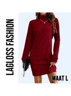 LaGloss Elegante Bordeaux Jurk met Kraag en Lange Mouwen – Maat L