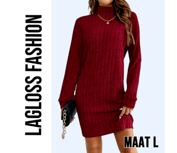 LaGloss Elegante Bordeaux Jurk met Kraag en Lange Mouwen – Maat L