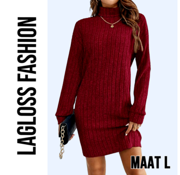 LaGloss Elegante Bordeaux Jurk met Kraag en Lange Mouwen – Maat L