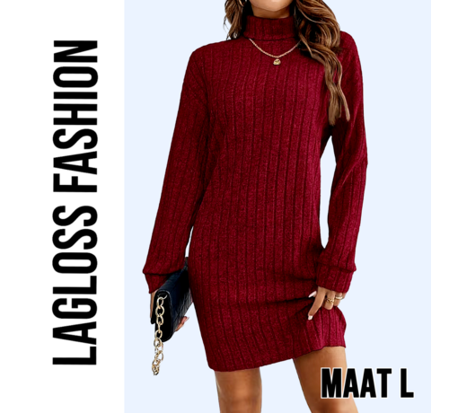 LaGloss LaGloss® Elegante Bordeaux Jurk met Kraag en Lange Mouwen – Franse Stijl Dames Jurk voor Herfst & Lente - Maat L