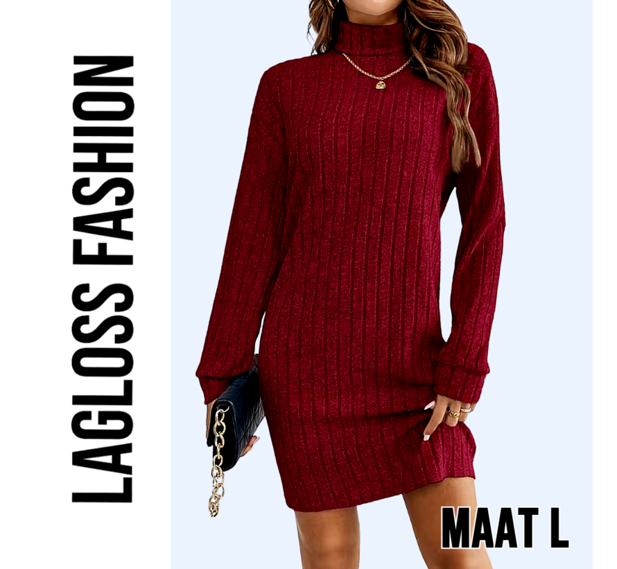 LaGloss® Elegante Bordeaux Jurk met Kraag en Lange Mouwen – Franse Stijl Dames Jurk voor Herfst & Lente - Maat L
