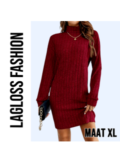 LaGloss Elegante Bordeaux Jurk met Kraag en Lange Mouwen – Maat XL