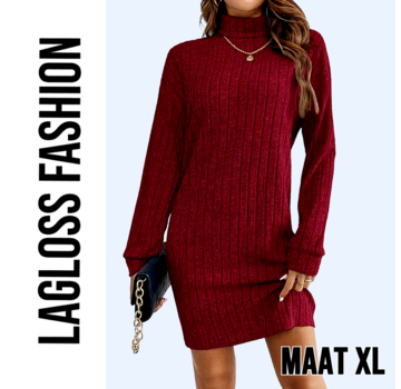LaGloss Elegante Bordeaux Jurk met Kraag en Lange Mouwen – Maat XL