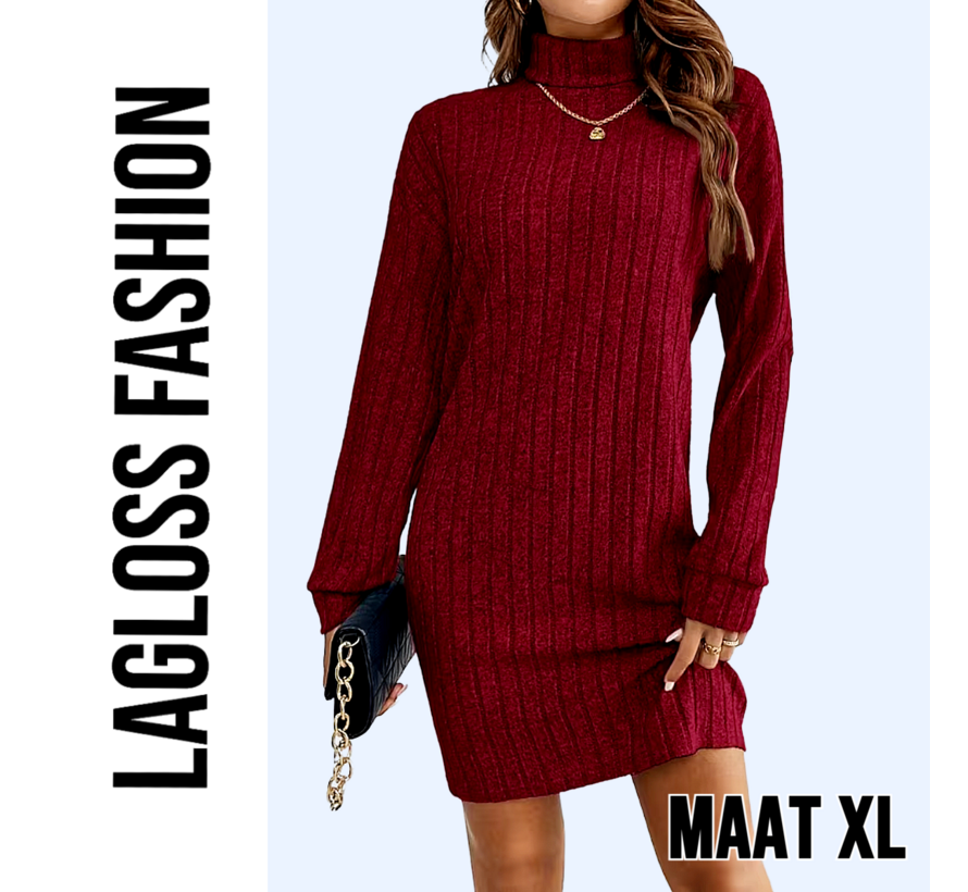 LaGloss® Elegante Bordeaux Jurk met Kraag en Lange Mouwen – Franse Stijl Dames Jurk voor Herfst & Lente - Maat XL