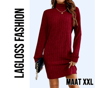 LaGloss Elegante Bordeaux Jurk met Kraag en Lange Mouwen – Maat XXL