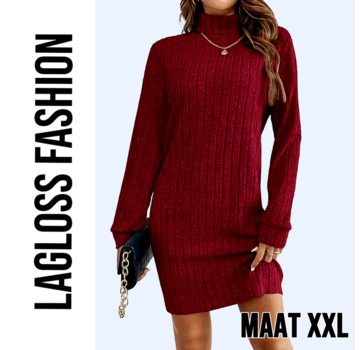 LaGloss Elegante Bordeaux Jurk met Kraag en Lange Mouwen – Maat XXL